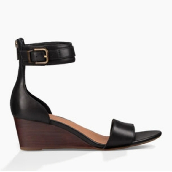 UGG Char Black Leather Ankle Strap Wedge Sandals, Sz 7 - Picture 1 of 11